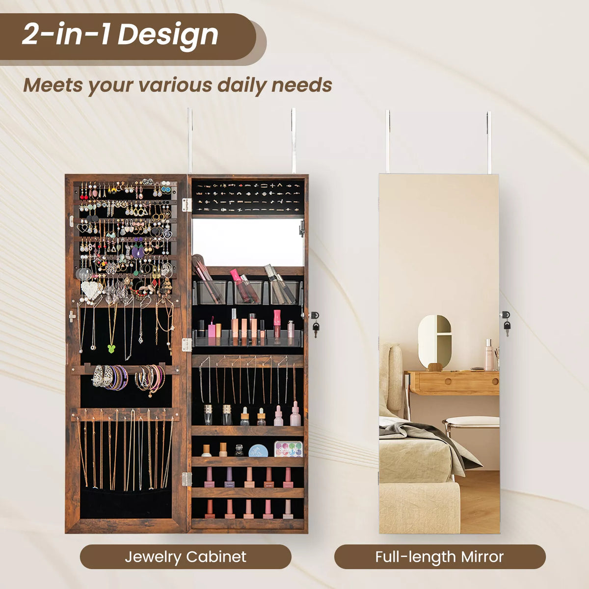 110 cm Jewelry Mirror Cabinet Wall/Door Mounted Jewelry Armoire Organizer