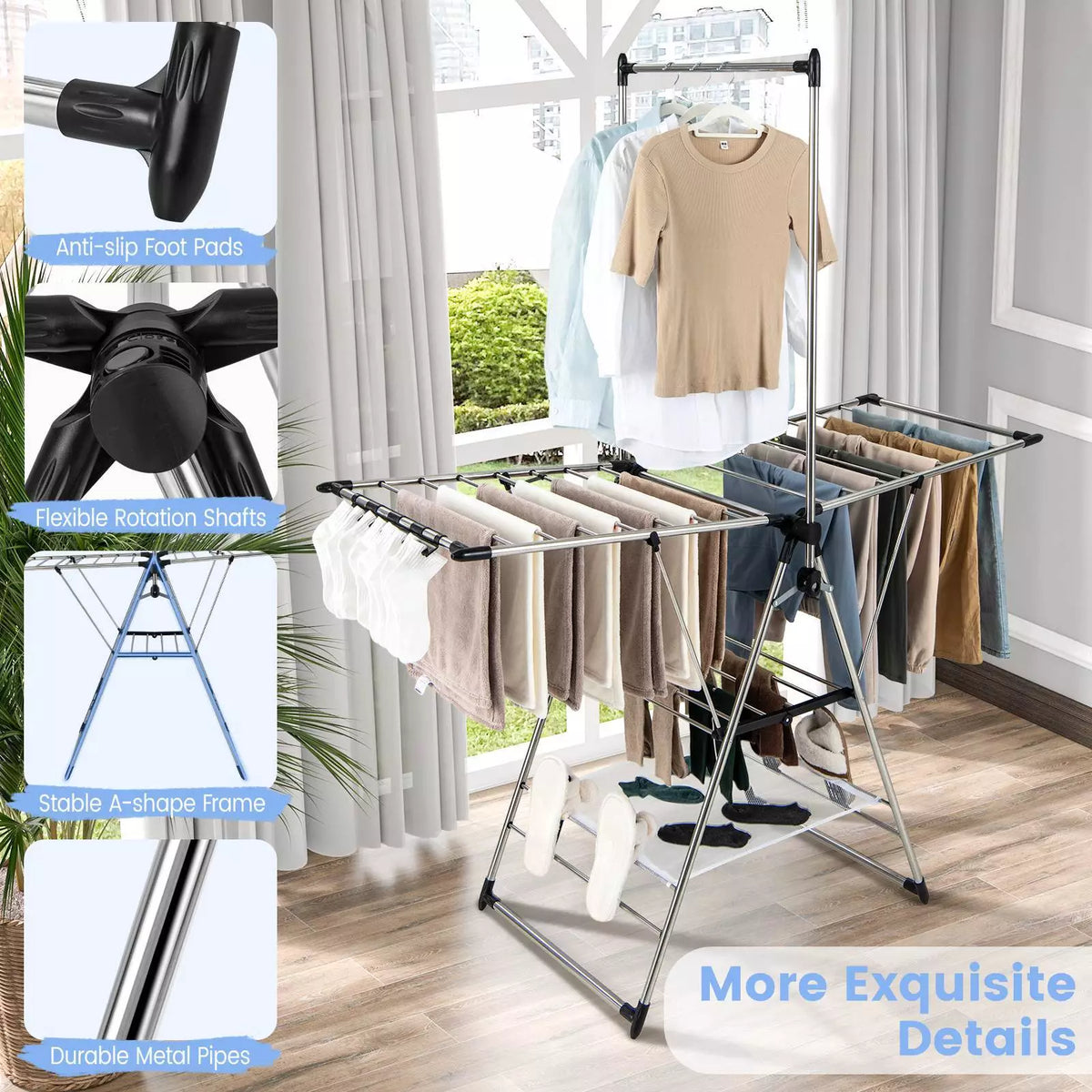 Clothes Drying Rack Stainless Steel Gullwing Style Rack w/ 6 Adjustable Height