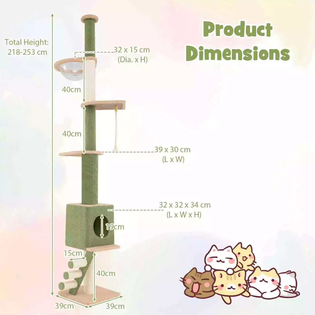 218-253cm Adjustable Height 5-Tier Floor to Ceiling Cat Tree w/ Sisal Posts Rope