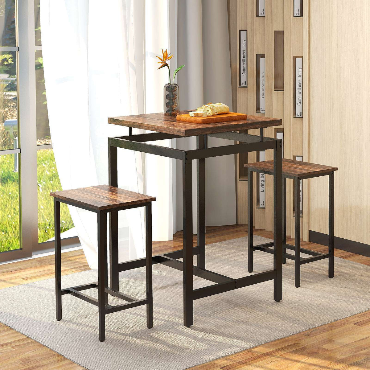 Counter Height Table with 2 Stools Floating Tabletop & Footrest Rustic Brown