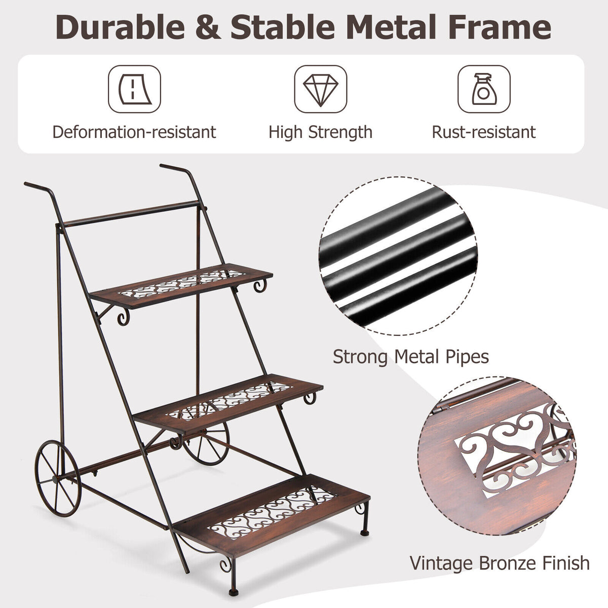 3-Tier Metal Plant Stand Ladder Shaped Flower Pot Holder Storage Rack w/Wheels