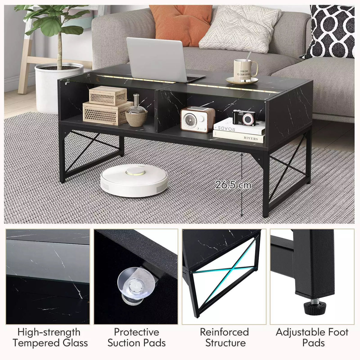 High-gloss LED Coffee Table Center Table w/ Faux Marble & Tempered Glass Top