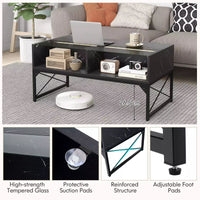 High-gloss LED Coffee Table Center Table w/ Faux Marble & Tempered Glass Top