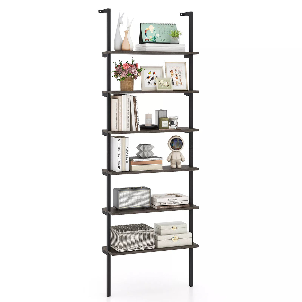 6-Tier Ladder Shelf Industrial Wall Mounted Display Bookshelf w/ Metal Frame