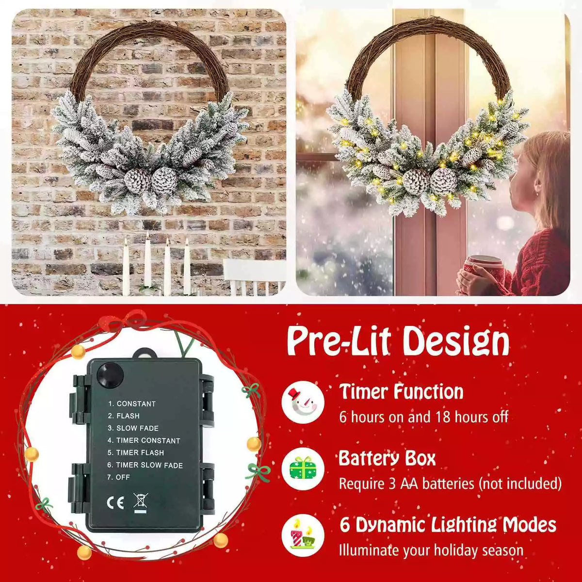 Pre-lit Snowy Christmas Wreath Natural Rattan with 35 LED Lights & 8 Pine Cones