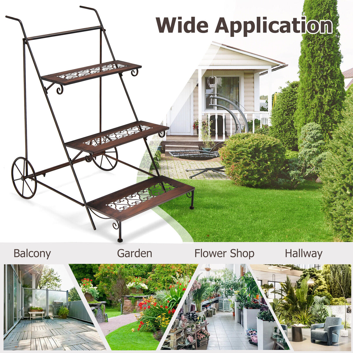 3-Tier Metal Plant Stand Ladder Shaped Flower Pot Holder Storage Rack w/Wheels