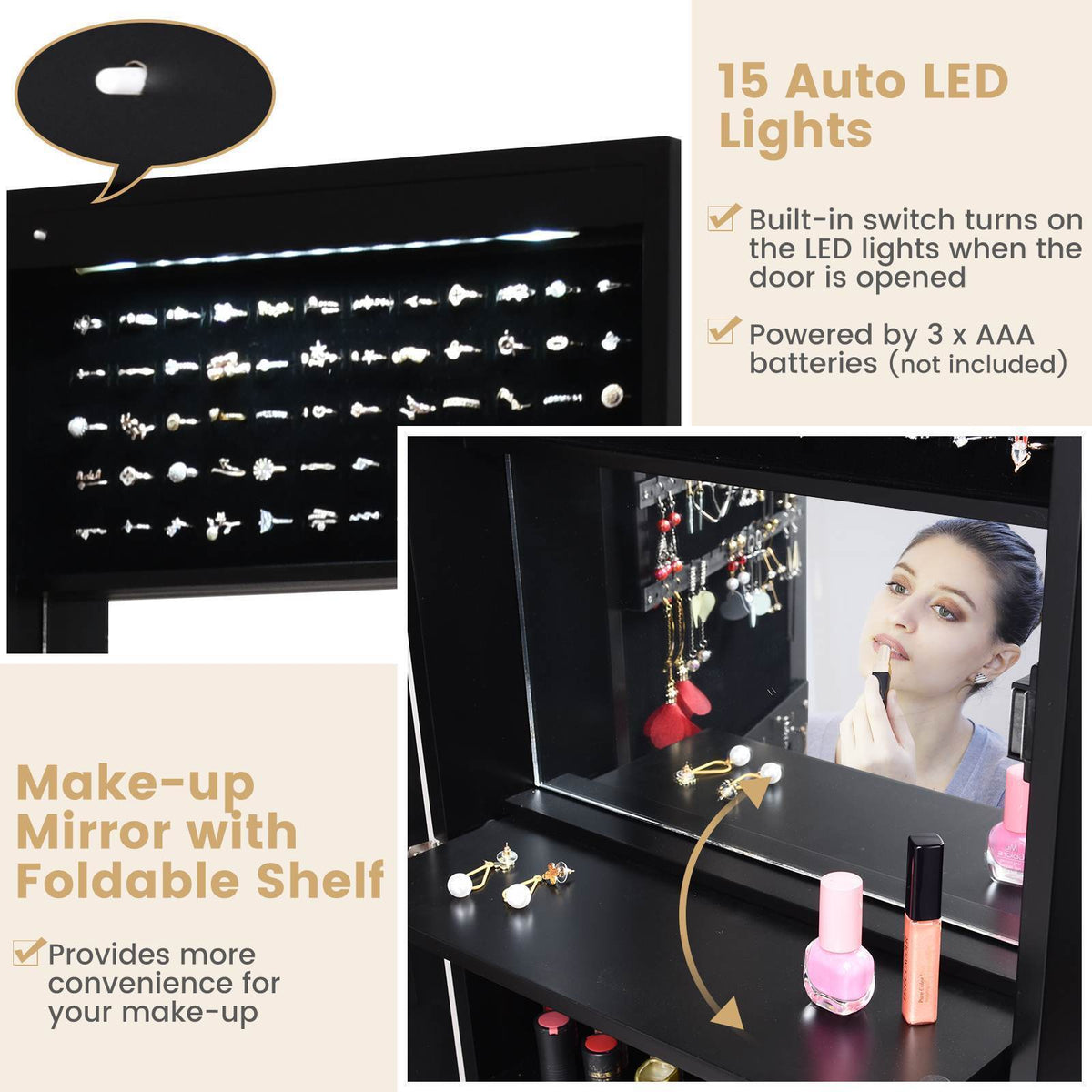 Wall/Door Mounted 15LED Lights Mirror Jewelry Cabinet 120cm Full Length Lockable