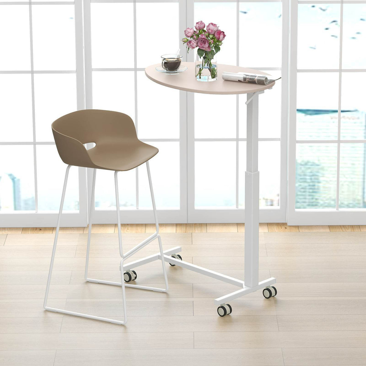 Mobile Standing Desk w/Pneumatic Lift Lockable Casters Oval Tabletop Home Office