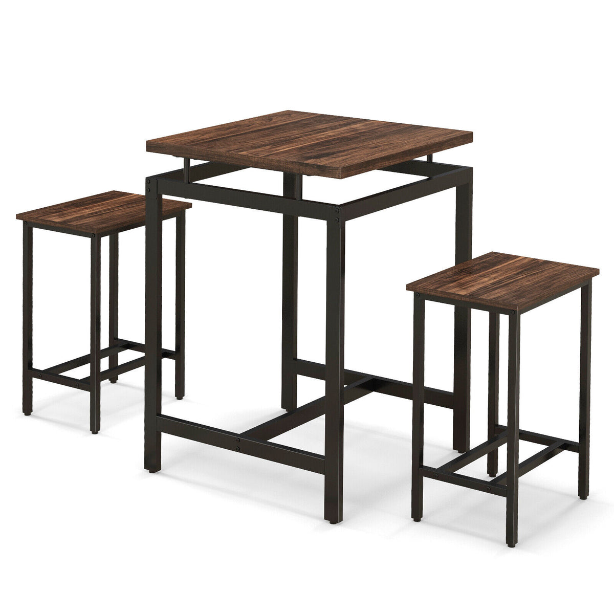 Counter Height Table with 2 Stools Floating Tabletop & Footrest Rustic Brown