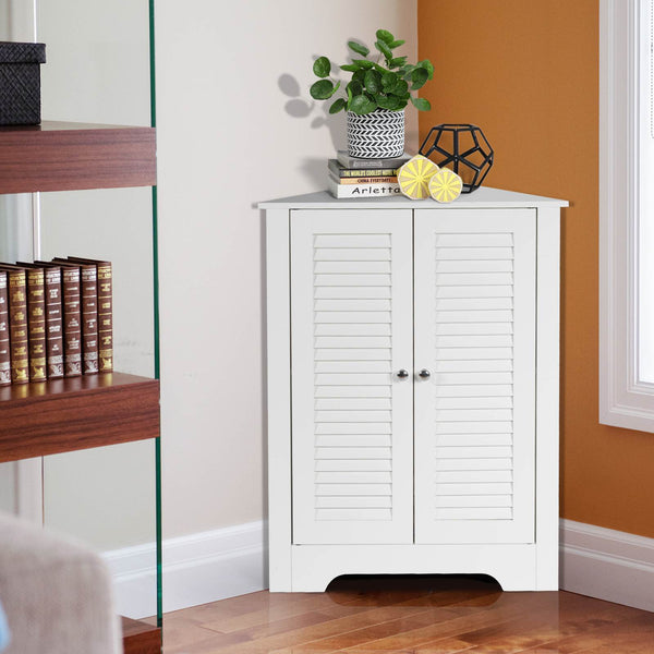 3-Tier Corner Floor Storage Cabinet Organizer w/ 2 Shutter Doors Bathroom White