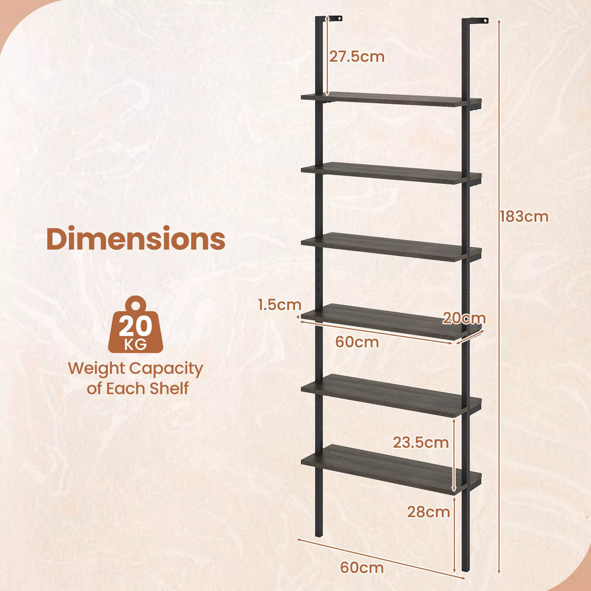 6-Tier Ladder Shelf Industrial Wall Mounted Display Bookshelf w/ Metal Frame