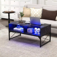 High-gloss LED Coffee Table Center Table w/ Faux Marble & Tempered Glass Top