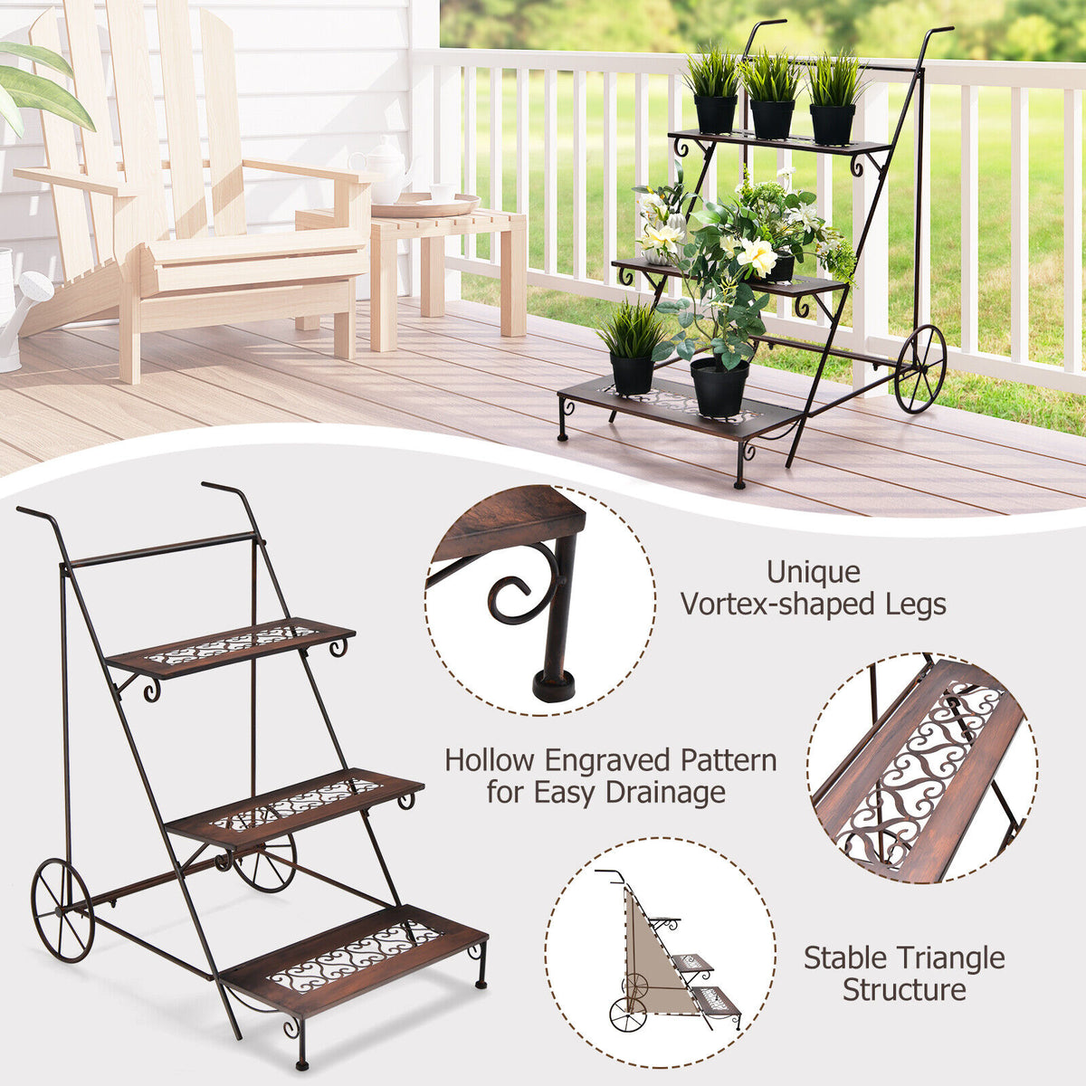 3-Tier Metal Plant Stand Ladder Shaped Flower Pot Holder Storage Rack w/Wheels