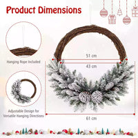 Pre-lit Snowy Christmas Wreath Natural Rattan with 35 LED Lights & 8 Pine Cones