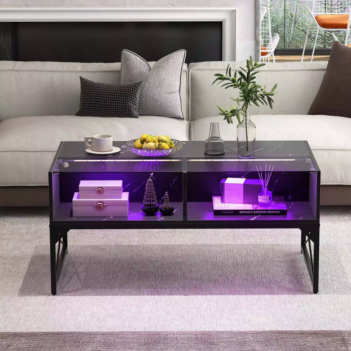 High-gloss LED Coffee Table Center Table w/ Faux Marble & Tempered Glass Top