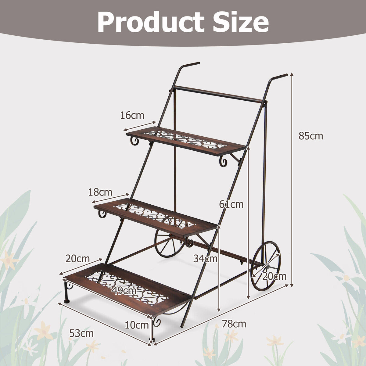 3-Tier Metal Plant Stand Ladder Shaped Flower Pot Holder Storage Rack w/Wheels