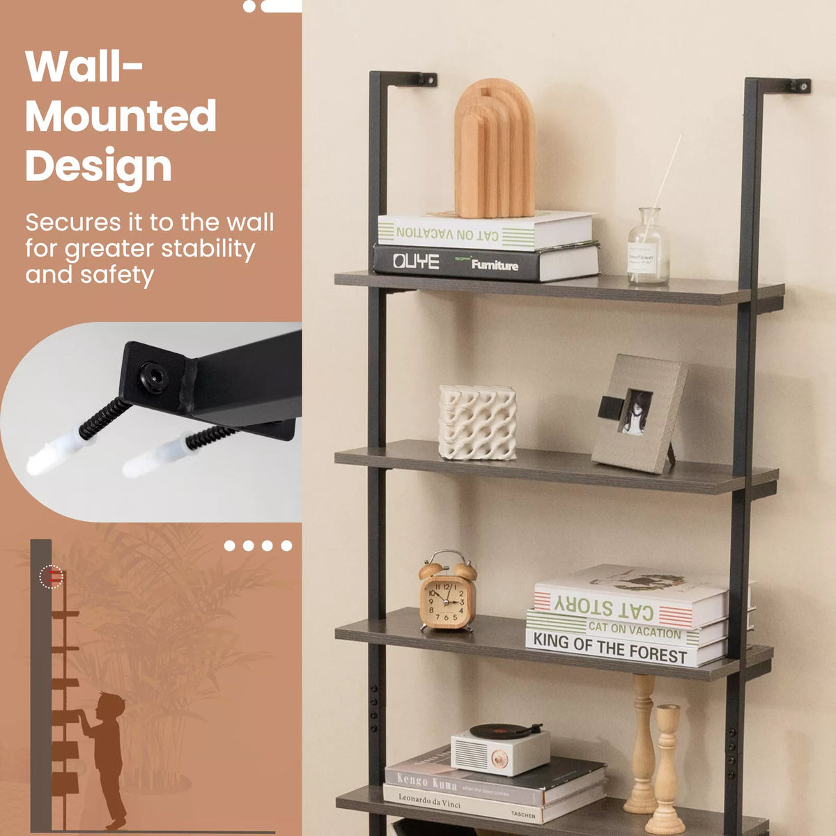 6-Tier Ladder Shelf Industrial Wall Mounted Display Bookshelf w/ Metal Frame