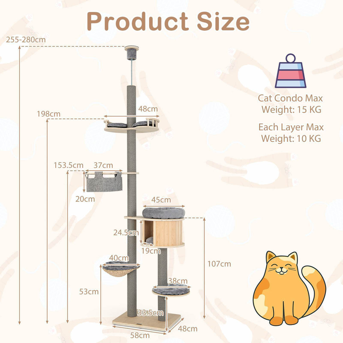 6-tier Floor-to-Ceiling Cat Tree, 255-280cm Adjustable Height w/Scratching Posts