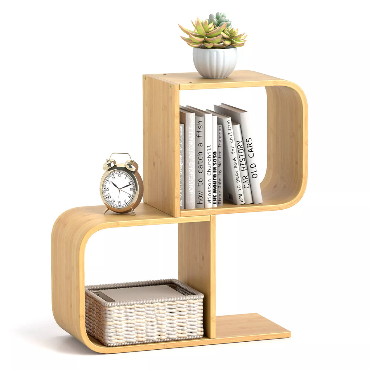 S-Shaped Bookcase Bamboo Bookshelf with 2 Cubes Geometric Corner Display Shelf