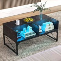 High-gloss LED Coffee Table Center Table w/ Faux Marble & Tempered Glass Top