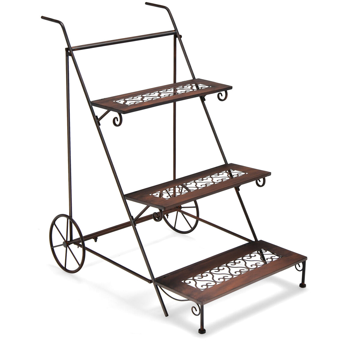 3-Tier Metal Plant Stand Ladder Shaped Flower Pot Holder Storage Rack w/Wheels