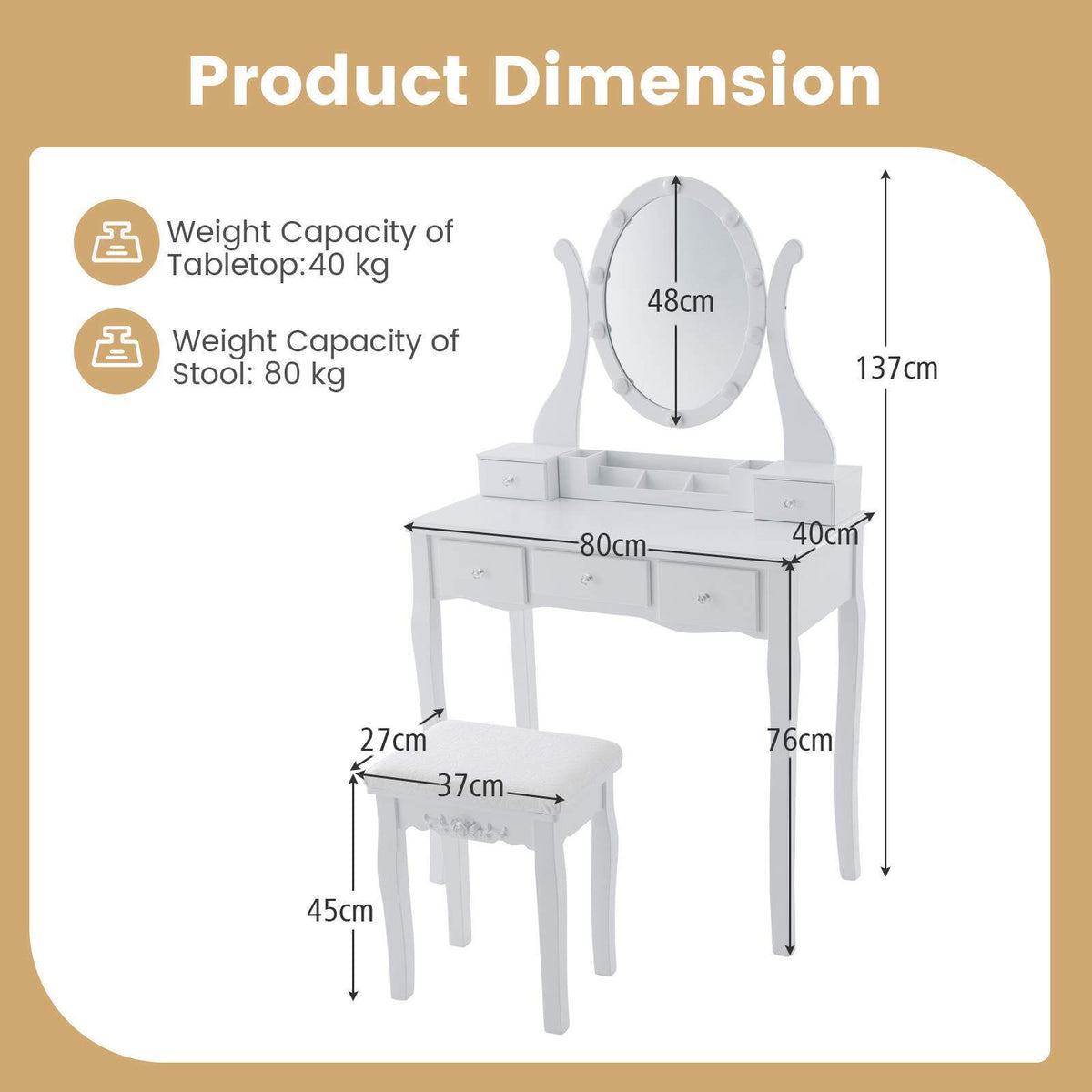 Vanity Desk Set Makeup Table Vanity Dresser Vanity Desk w/Lighted Mirror White