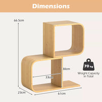 S-Shaped Bookcase Bamboo Bookshelf with 2 Cubes Geometric Corner Display Shelf