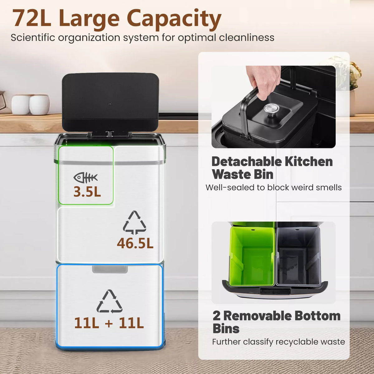 72L Stainless Steel Trash Can Motion Sensor Garbage Bin w/ Anti-Fingerprint