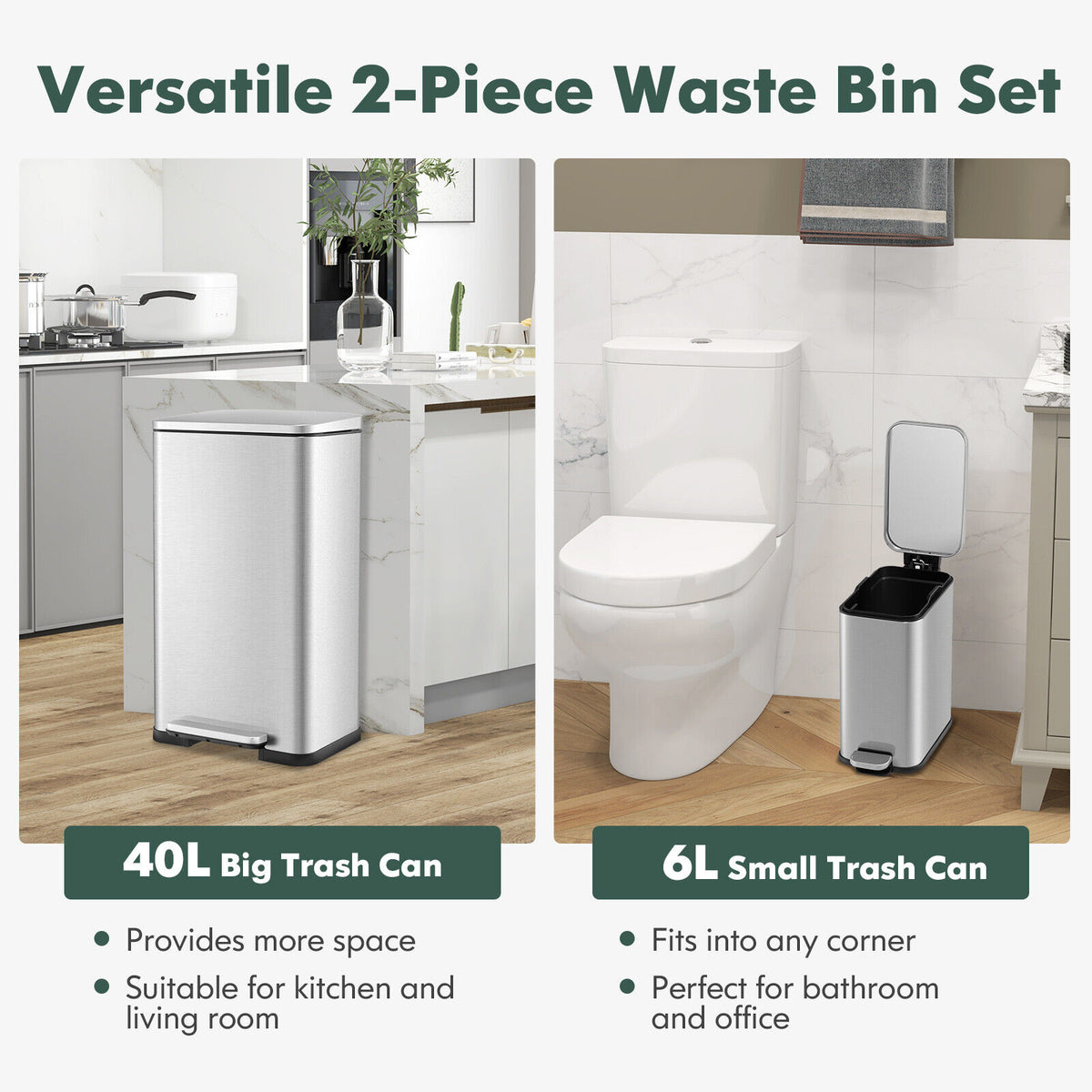 40L & 6L Step Trash Can Combo Set Stainless Steel Waste Bin Dustbin Home Office