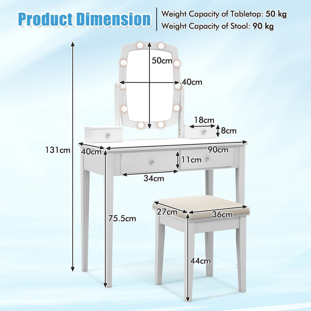 Makeup Vanity Set Dressing Desk & Cushioned Stool Swivel Mirror & LED Lights