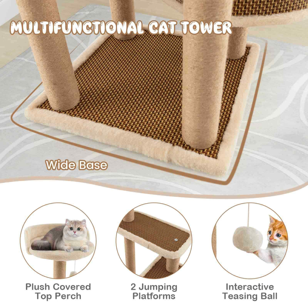 4-level Cat Tower Activity Center for Indoor Cats w/Rattan Mat, Scratching Posts