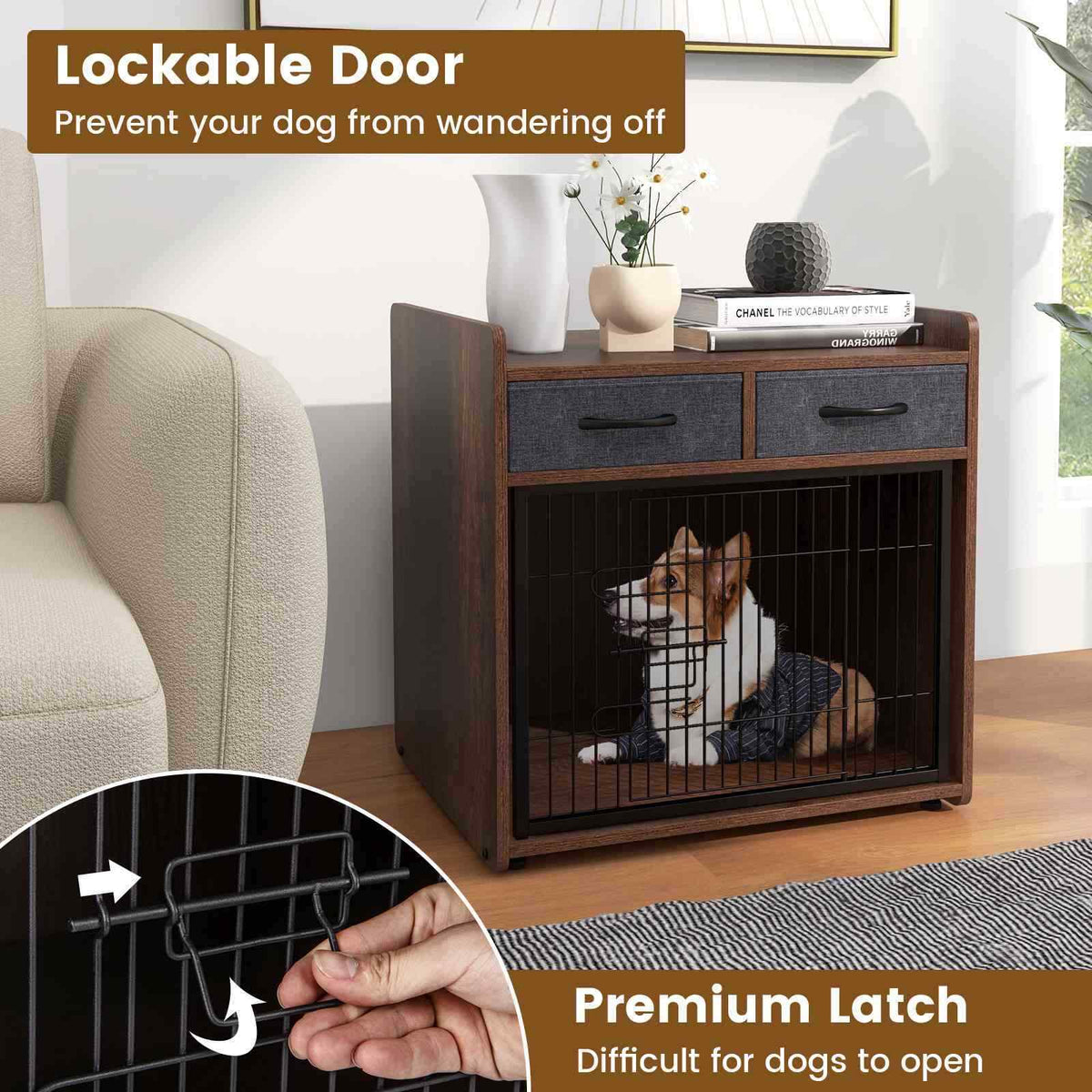 Indoor Dog Cage w/ 2 Fabric Drawers, Lockable Door for Small & Medium Sized Dogs