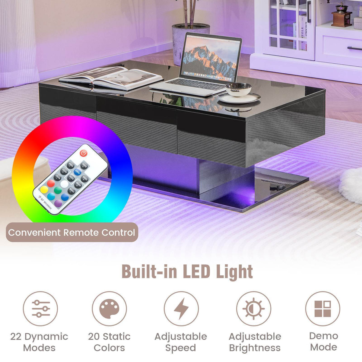 2-Tier Modern LED Coffee Table w/ 20 Color LED Lights Storage Drawers