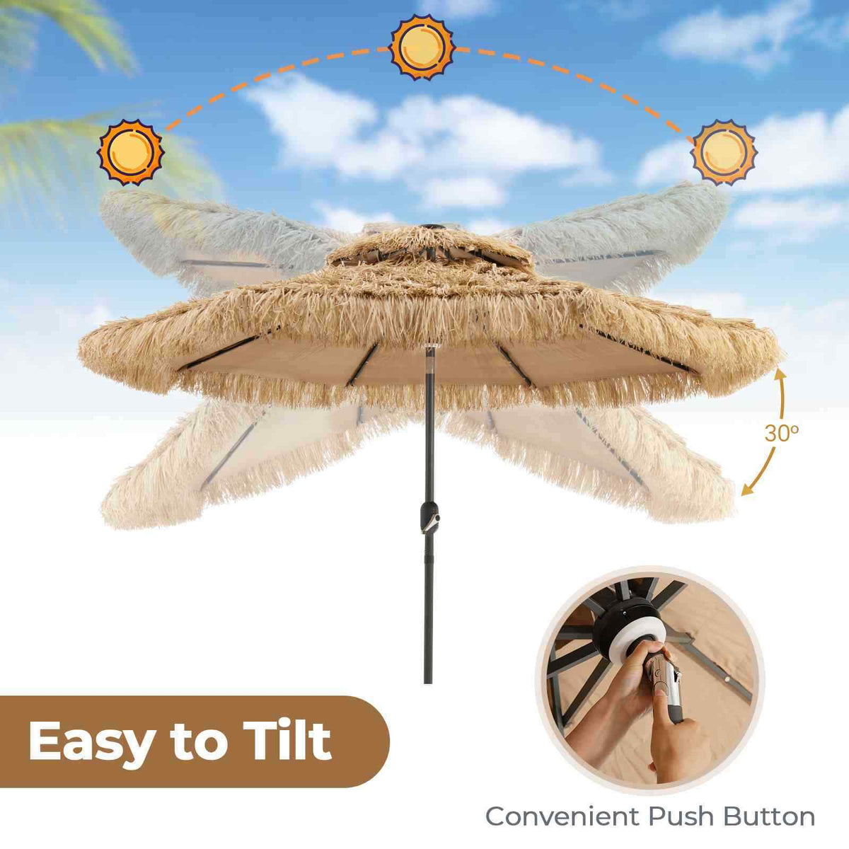 Solar Powered Hawaiian Style 32 LED Hula Thatched Tiki Umb w/ 30° Tilt for Patio