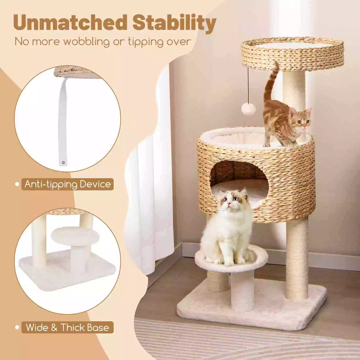 Modern Cat Tree for Indoor Cats w/Sisal Scratching Posts, Removable Cushion