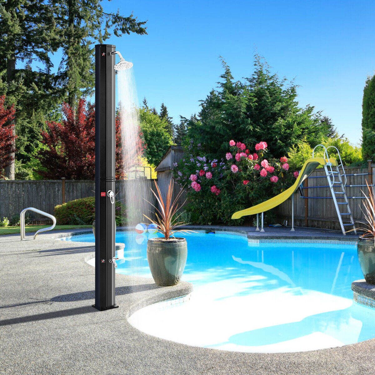 Solar Shower System 2.2 M 35 L Outdoor Solar Heated Shower 2-Section W/360° Head & Foot Sh ...