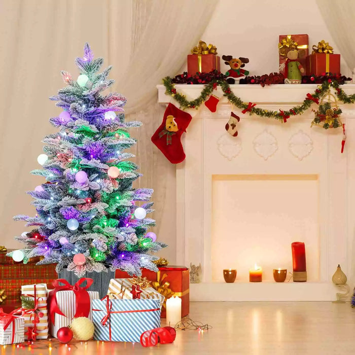 110CM Pre-Lit Snow Flocked Christmas Tree Potted Xmas Decor w/Globe Lights Home