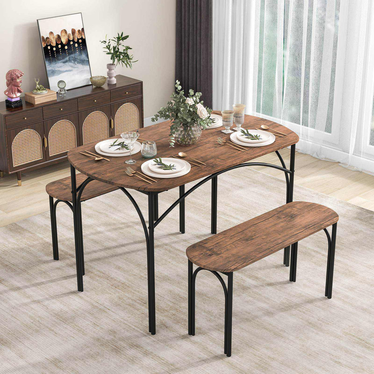 3PCS Dining Table Set Rectangular Table 2 Benches Kitchen Dining Room Furniture