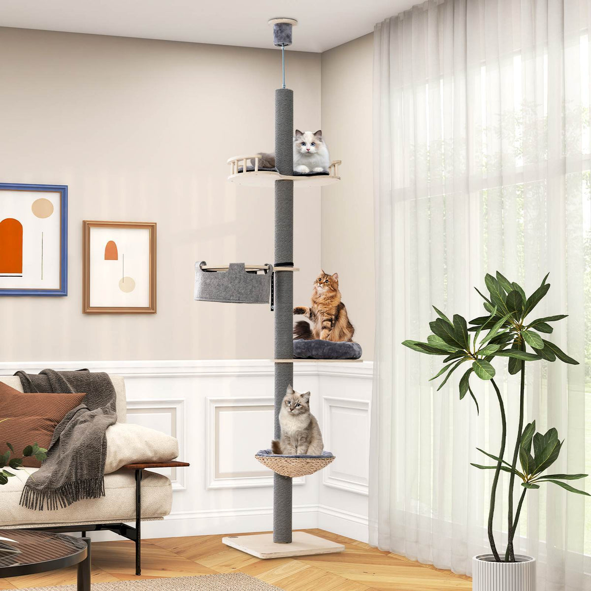 2.3-2.7m Adjustable Cat Tree Tower Scratching Post Floor to Ceiling Cando House