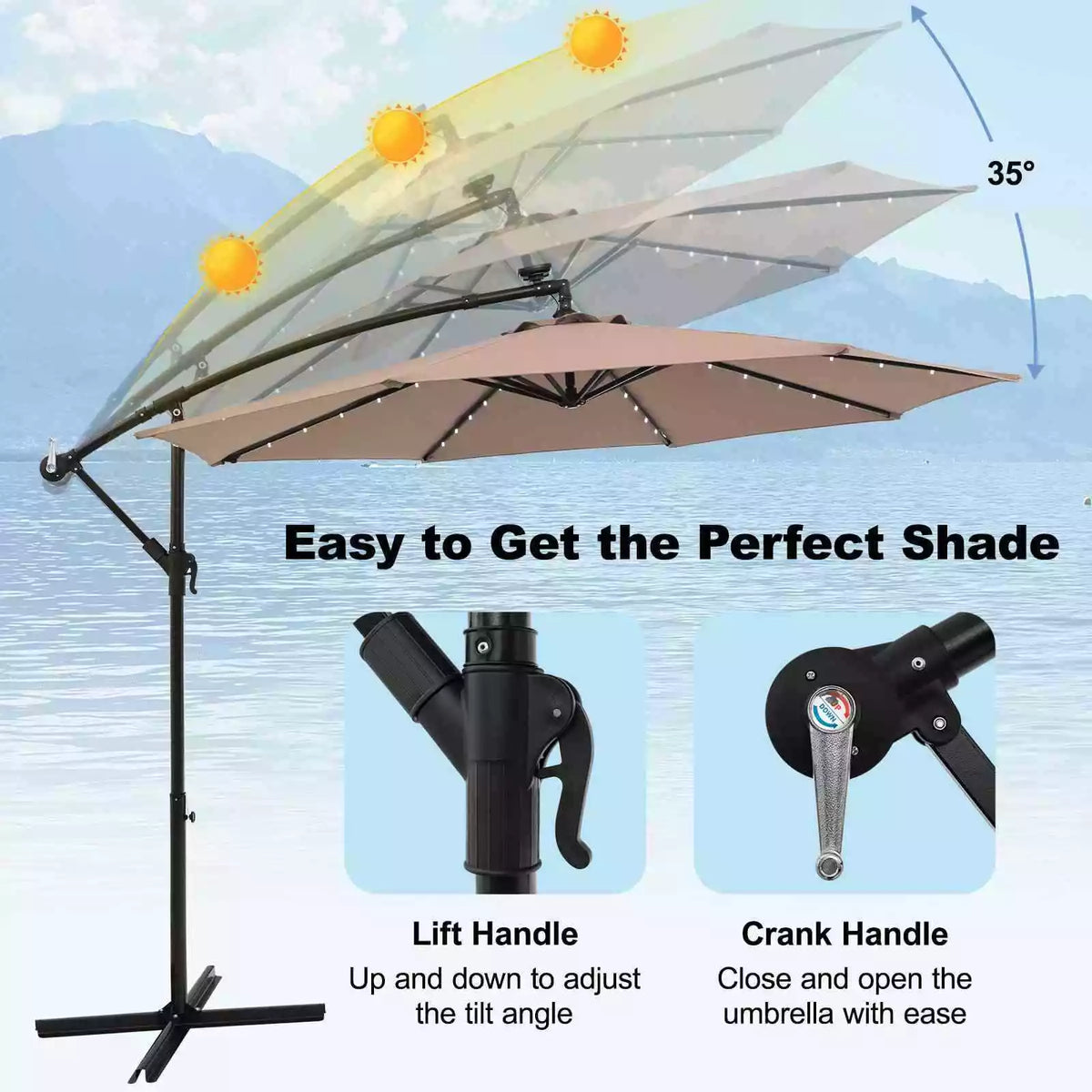 Outdoor Patio 3m Hanging Offset Umbrella w/ 32 LED Lights & Water-proof Canopy