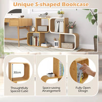 S-Shaped Bookcase Bamboo Bookshelf with 2 Cubes Geometric Corner Display Shelf