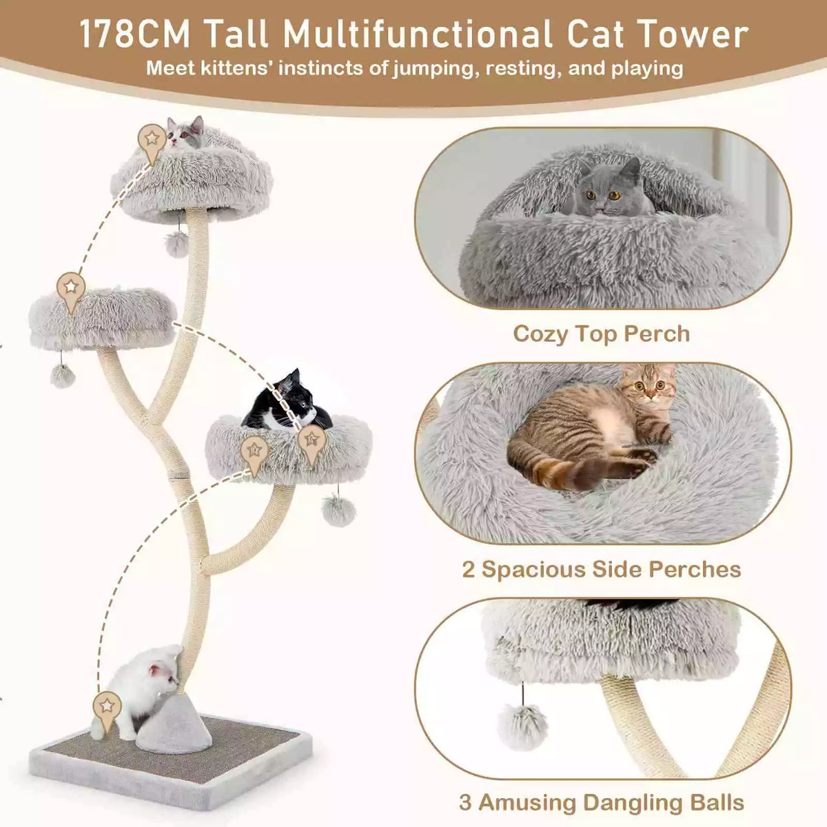 178cm Cat Tree Multi-Level Cat Activity Center w/3 Warm Perches Scratching Posts