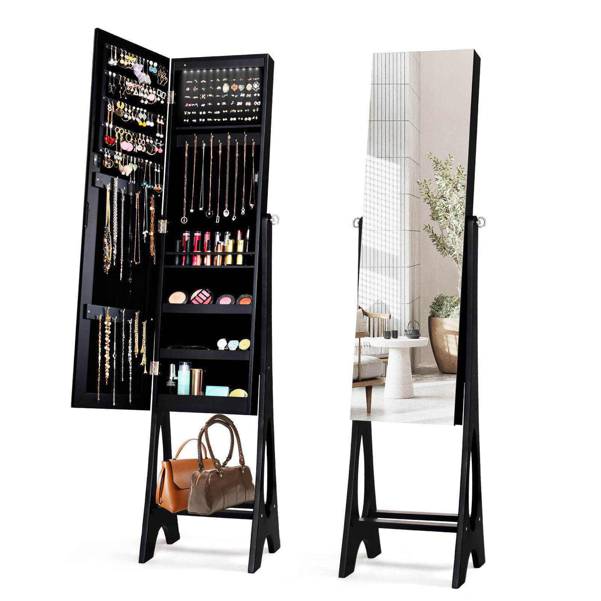 Freestanding Mirror Jewelry Cabinet w/ Full Length Mirror Built-in LED Lights