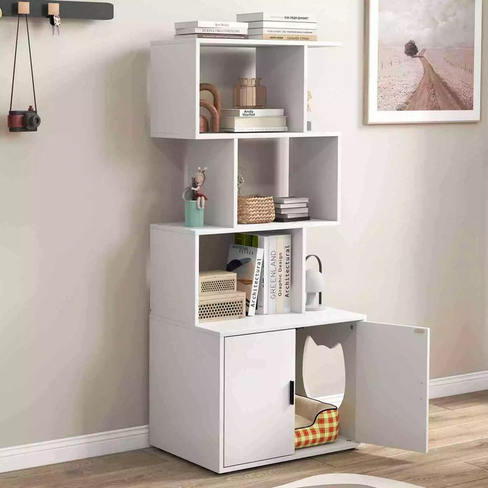 142 cm Tall 2-in-1 Cat Litter Box Enclosure w/Storage Pet House Corner Bookshelf