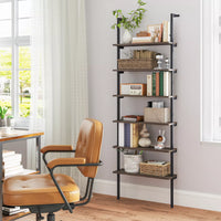 6-Tier Ladder Shelf Industrial Wall Mounted Display Bookshelf w/ Metal Frame