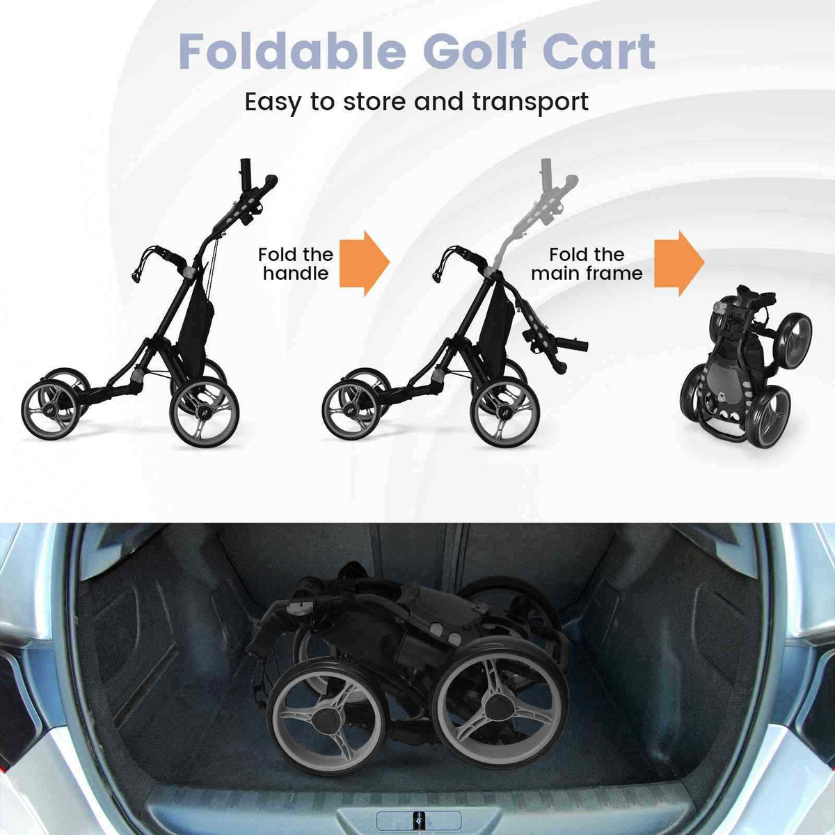 4 Wheel Adjustable Golf Push Cart, Lightweight Folding Golf Trolley Roller w/Cup