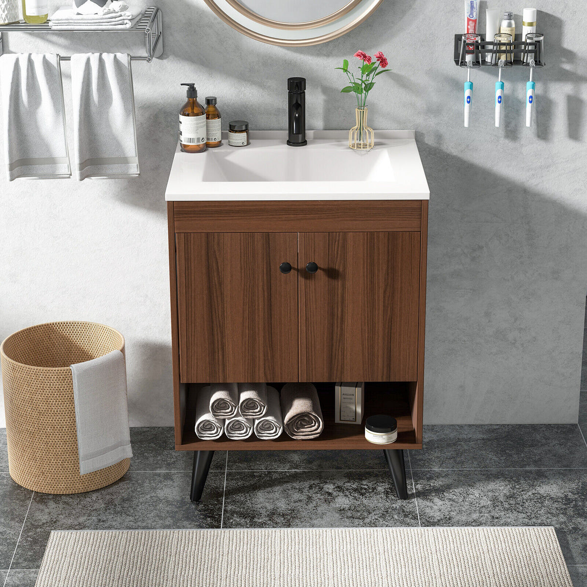 63.5cm Bathroom Vanity Sink Combo w/Doors Shelf Backsplash