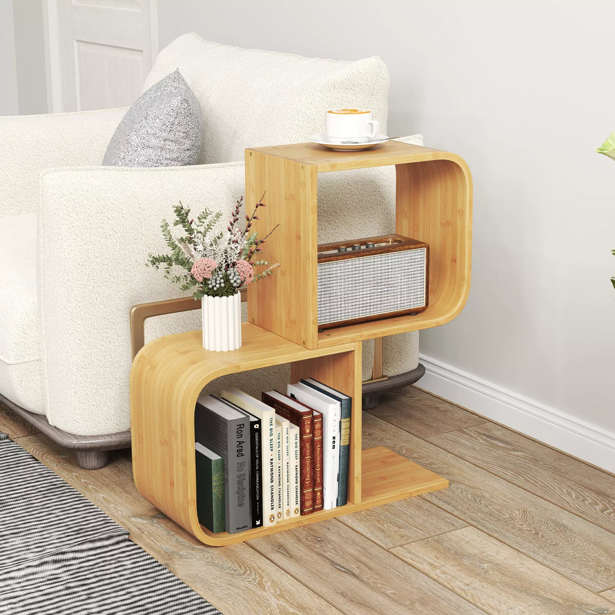 S-Shaped Bookcase Bamboo Bookshelf with 2 Cubes Geometric Corner Display Shelf