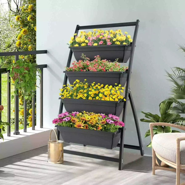 124cm 4-Tier Elevated Planter Box with Drainage Holes for Flowers Herbs Garden