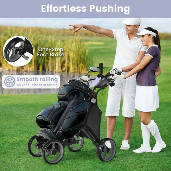 4 Wheel Adjustable Golf Push Cart, Lightweight Folding Golf Trolley Roller w/Cup